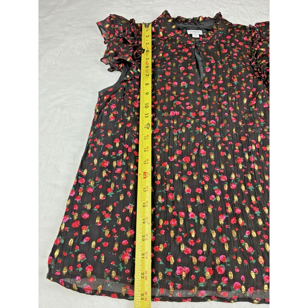 J.Crew Women’s Small Black Floral Metallic Gold Ruffle Sleeve Blouse Feminine